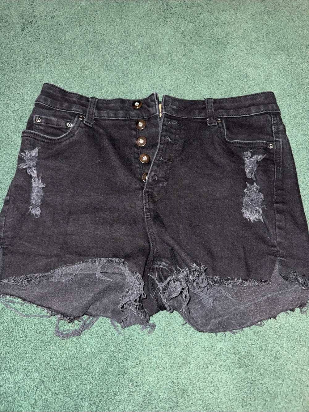 True Craft Black Distressed Button-Front Denim Shorts